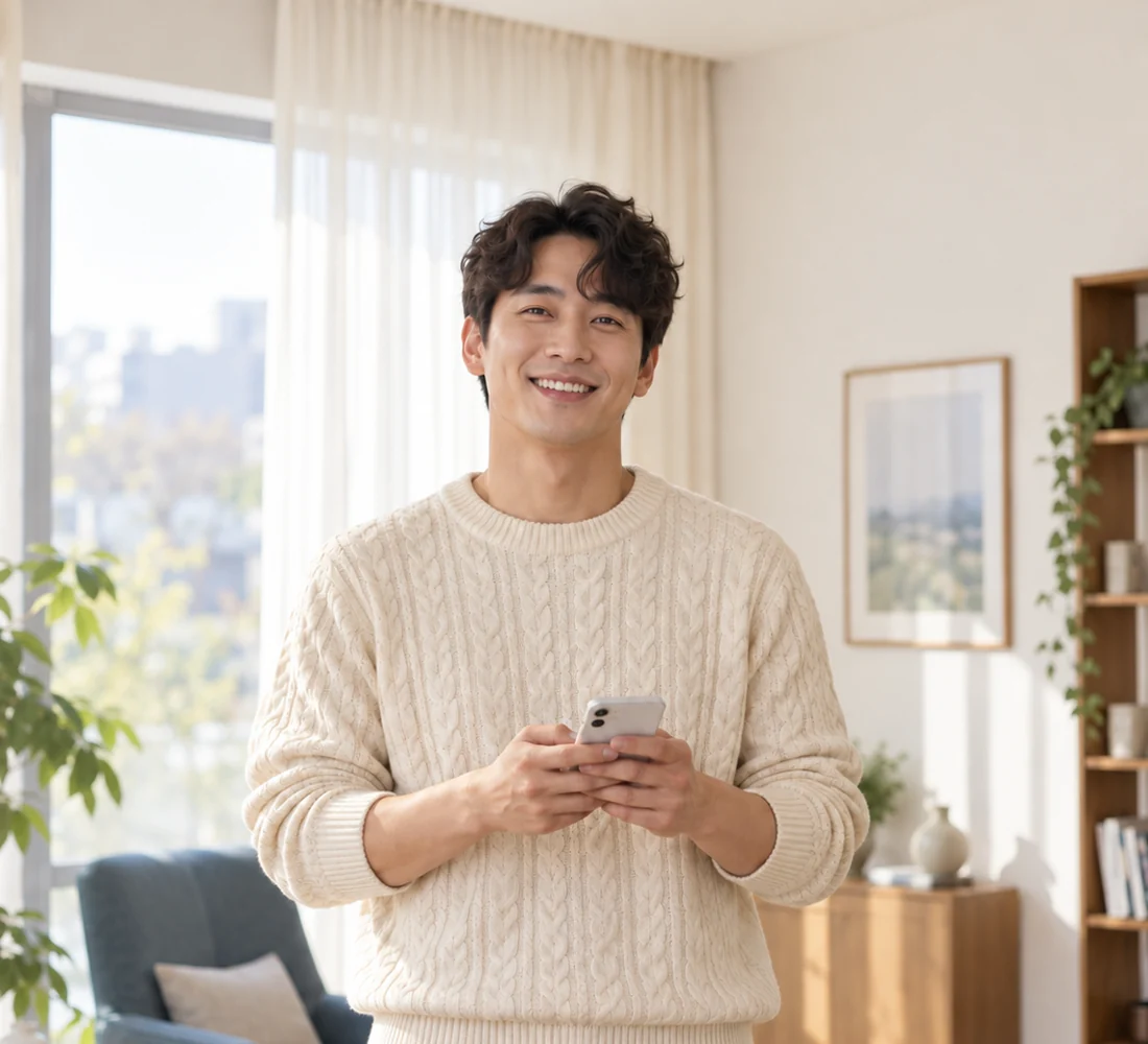 창가에서 휴대전화로 통화하며 웃는 고객